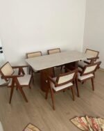 Marble-Top 6-Seater Dining Set — Solid Wood Frame with Woven Cane Backs - Image 3