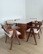 Marble-Top 6-Seater Dining Set — Solid Wood Frame with Woven Cane Backs