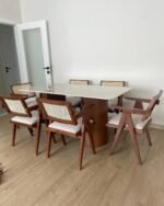 Marble-Top 6-Seater Dining Set — Solid Wood Frame with Woven Cane Backs - Image 2